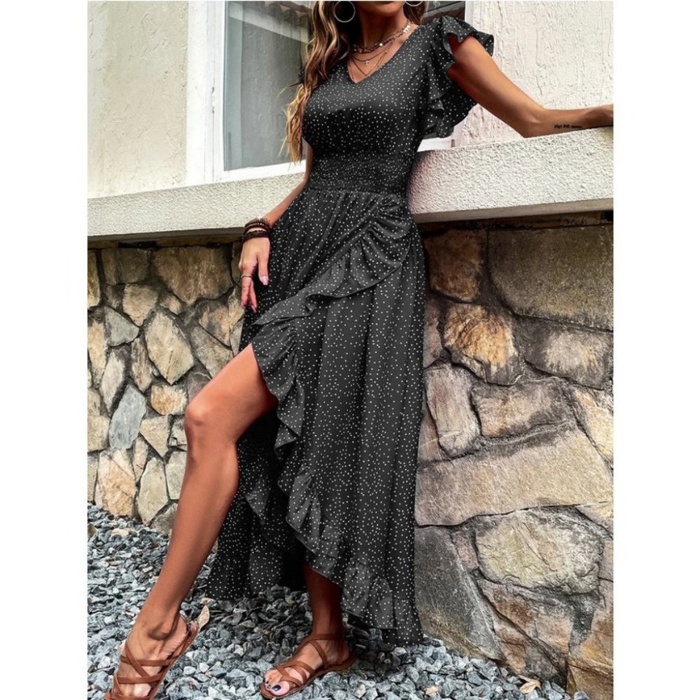 black  Boho Polka Dot Butterfly Sleeve Maxi Dress - Picture 5 of 6